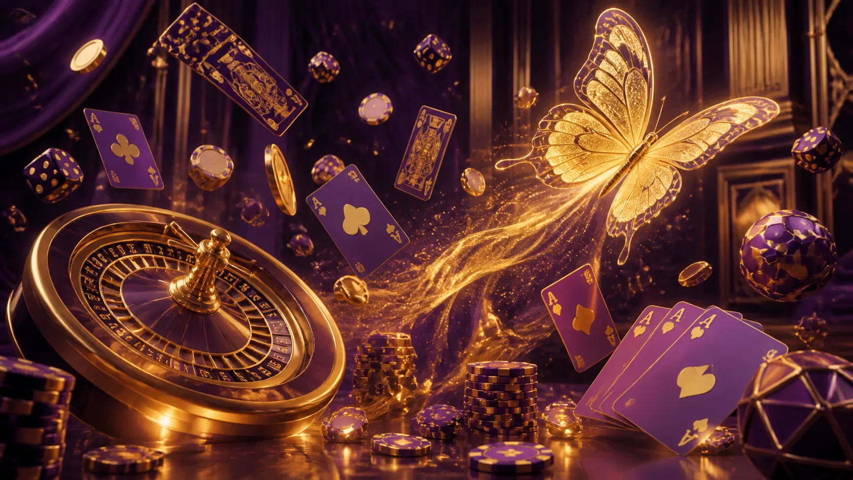 Cinematic hero banner for Flutterhall, featuring luxury casino elements with a mystical theme, using only two colors for a pr